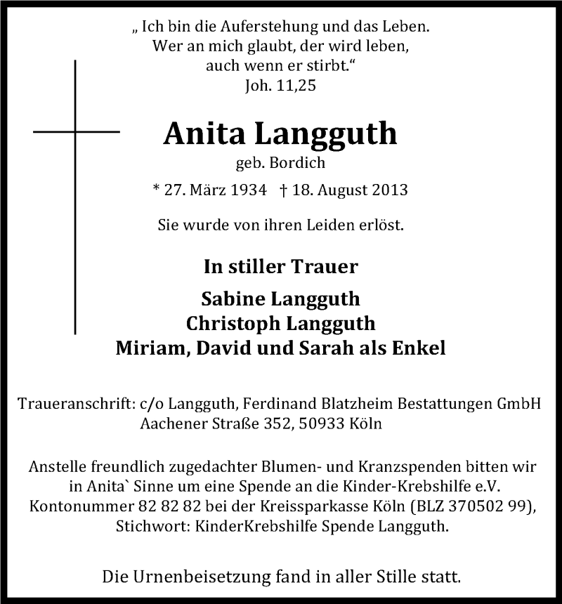  Traueranzeige für Anita Langguth vom 07.09.2013 aus Kölner Stadt-Anzeiger / Kölnische Rundschau / Express