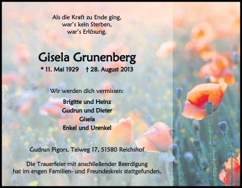 Anzeige von Gisela Grunenberg von Kölner Stadt-Anzeiger / Kölnische Rundschau / Express