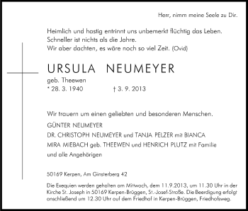Anzeige von Ursula Neumeyer von Kölner Stadt-Anzeiger / Kölnische Rundschau / Express