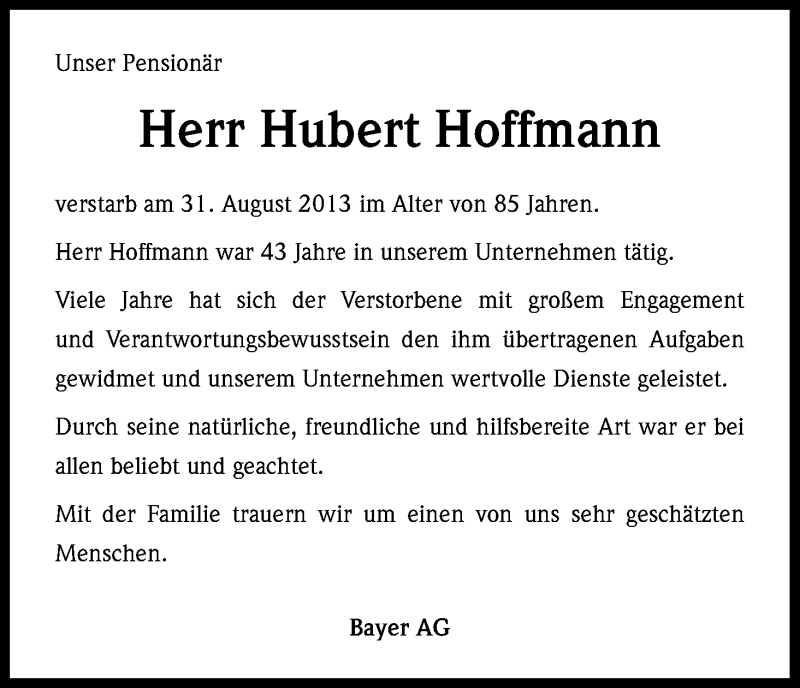  Traueranzeige für Hubert Hoffmann vom 06.09.2013 aus Kölner Stadt-Anzeiger / Kölnische Rundschau / Express