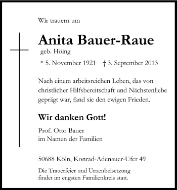 Anzeige von Anita Bauer-Raue von Kölner Stadt-Anzeiger / Kölnische Rundschau / Express