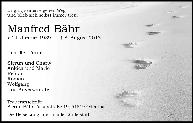  Traueranzeige für Manfred Bähr vom 09.09.2013 aus Kölner Stadt-Anzeiger / Kölnische Rundschau / Express