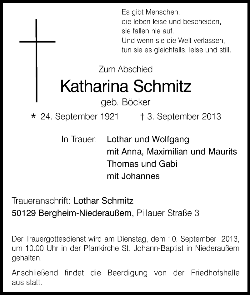  Traueranzeige für Katharina Schmitz vom 07.09.2013 aus Kölner Stadt-Anzeiger / Kölnische Rundschau / Express