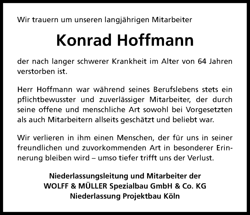  Traueranzeige für Konrad Hoffmann vom 07.09.2013 aus Kölner Stadt-Anzeiger / Kölnische Rundschau / Express