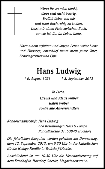 Anzeige von Hans Ludwig von Kölner Stadt-Anzeiger / Kölnische Rundschau / Express