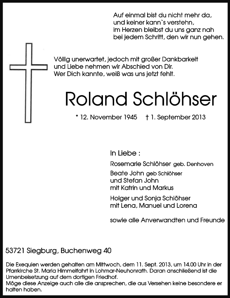  Traueranzeige für Roland Schlöhser vom 07.09.2013 aus Kölner Stadt-Anzeiger / Kölnische Rundschau / Express
