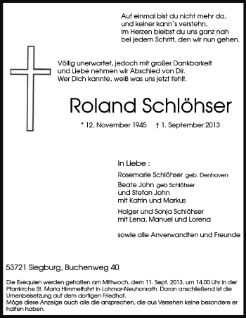 Anzeige von Roland Schlöhser von Kölner Stadt-Anzeiger / Kölnische Rundschau / Express