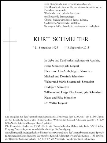 Anzeige von Kurt Schmelter von Kölner Stadt-Anzeiger / Kölnische Rundschau / Express