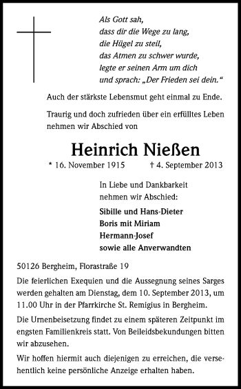 Anzeige von Heinrich Nießen von Kölner Stadt-Anzeiger / Kölnische Rundschau / Express