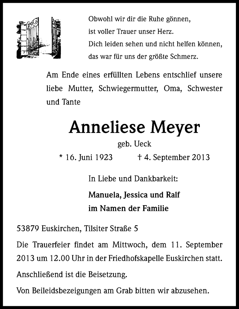  Traueranzeige für Anneliese Meyer vom 07.09.2013 aus Kölner Stadt-Anzeiger / Kölnische Rundschau / Express