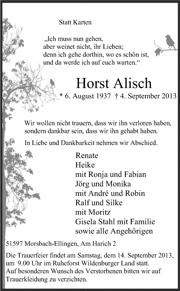  Traueranzeige für Horst Alisch vom 07.09.2013 aus Kölner Stadt-Anzeiger / Kölnische Rundschau / Express