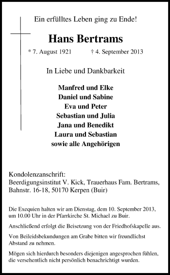 Anzeige von Hans Bertram von Kölner Stadt-Anzeiger / Kölnische Rundschau / Express