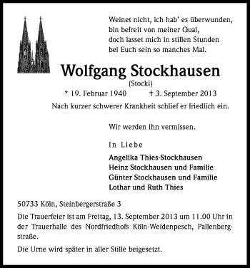 Anzeige von Wolfgang Stockhausen von Kölner Stadt-Anzeiger / Kölnische Rundschau / Express