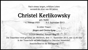Anzeige von Christel Kerlikowsky von Kölner Stadt-Anzeiger / Kölnische Rundschau / Express