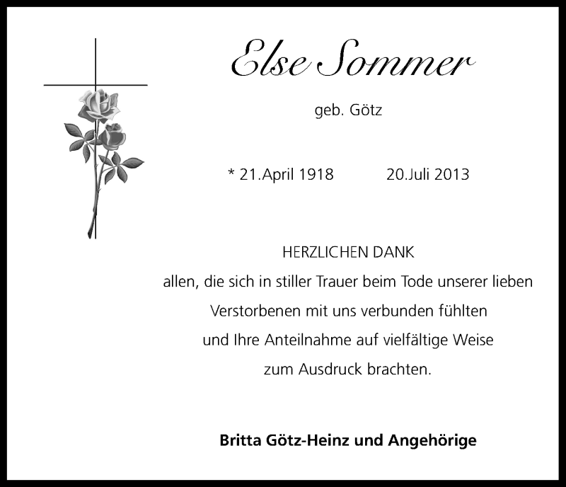  Traueranzeige für Else Sommer vom 07.09.2013 aus Kölner Stadt-Anzeiger / Kölnische Rundschau / Express