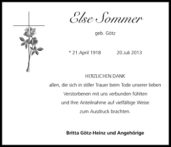 Anzeige von Else Sommer von Kölner Stadt-Anzeiger / Kölnische Rundschau / Express
