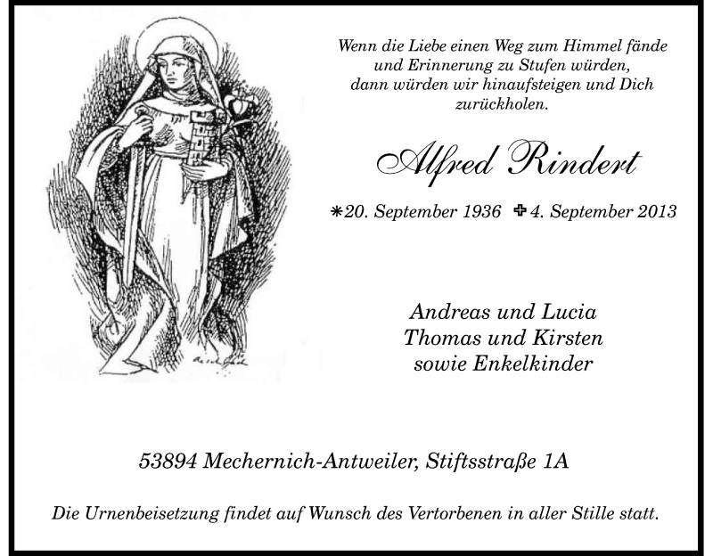  Traueranzeige für Alfred Rindert vom 07.09.2013 aus Kölner Stadt-Anzeiger / Kölnische Rundschau / Express