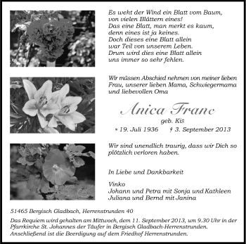 Anzeige von Anica Franc von Kölner Stadt-Anzeiger / Kölnische Rundschau / Express