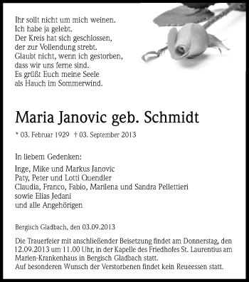 Anzeige von Maria Janovic von Kölner Stadt-Anzeiger / Kölnische Rundschau / Express