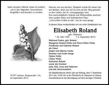 Anzeige von Elisabeth Roland von Kölner Stadt-Anzeiger / Kölnische Rundschau / Express