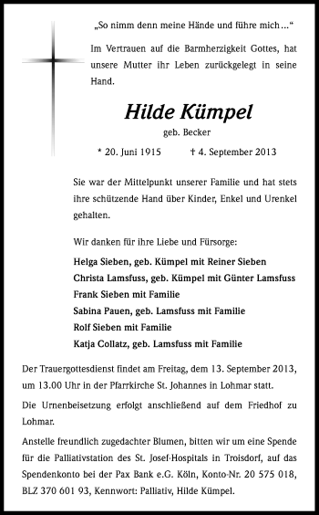 Anzeige von Hilde Kümpel von Kölner Stadt-Anzeiger / Kölnische Rundschau / Express