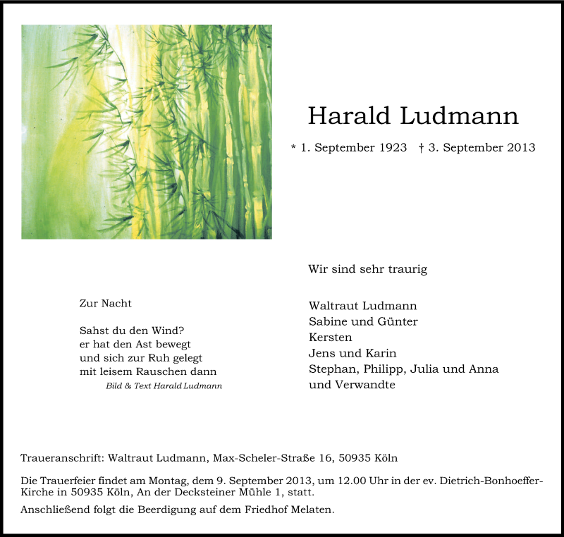  Traueranzeige für Harald Ludmann vom 07.09.2013 aus Kölner Stadt-Anzeiger / Kölnische Rundschau / Express