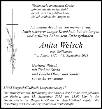 Anzeige von Anita Welsch von Kölner Stadt-Anzeiger / Kölnische Rundschau / Express