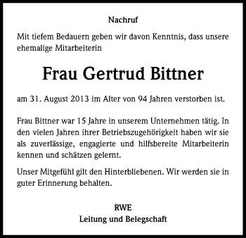 Anzeige von Gertrud Bittner von Kölner Stadt-Anzeiger / Kölnische Rundschau / Express