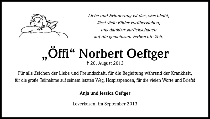  Traueranzeige für Norbert Oeftger vom 07.09.2013 aus Kölner Stadt-Anzeiger / Kölnische Rundschau / Express