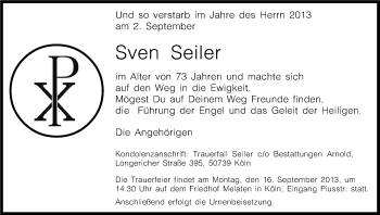 Anzeige von Sven Seiler von Kölner Stadt-Anzeiger / Kölnische Rundschau / Express