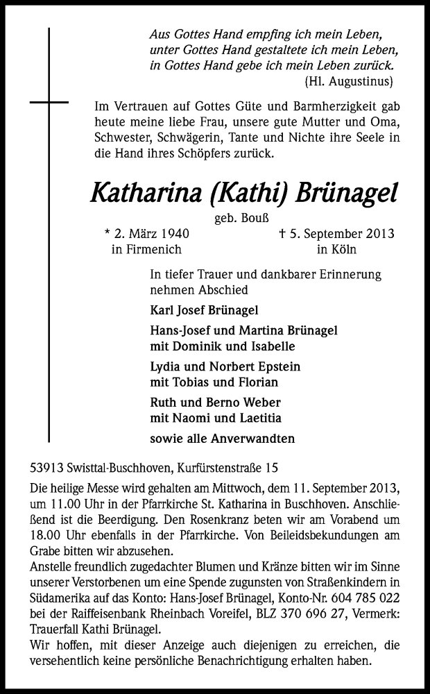  Traueranzeige für Katharina Brünagel vom 07.09.2013 aus Kölner Stadt-Anzeiger / Kölnische Rundschau / Express