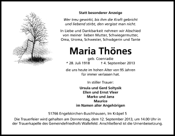 Anzeige von Maria Thönes von Kölner Stadt-Anzeiger / Kölnische Rundschau / Express