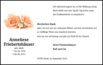 Anzeige von Anneliese Frieberthäuser von Kölner Stadt-Anzeiger / Kölnische Rundschau / Express
