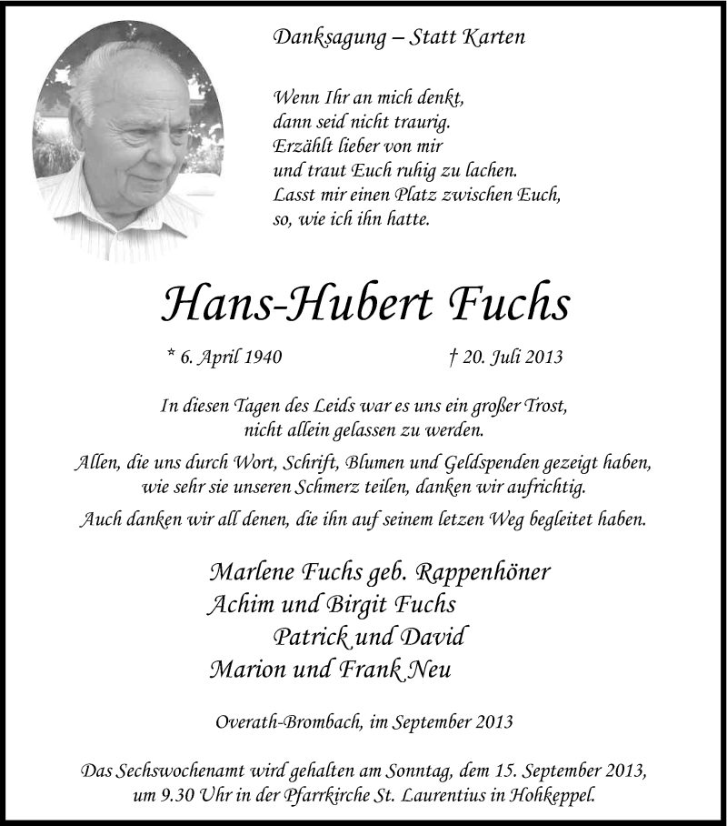  Traueranzeige für Hans-Hubert Fuchs vom 07.09.2013 aus Kölner Stadt-Anzeiger / Kölnische Rundschau / Express