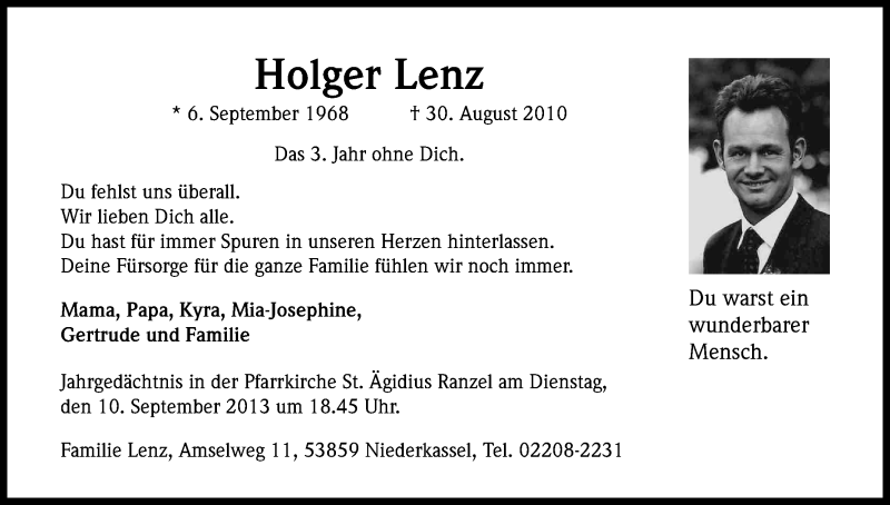  Traueranzeige für Holger Lenz vom 07.09.2013 aus Kölner Stadt-Anzeiger / Kölnische Rundschau / Express