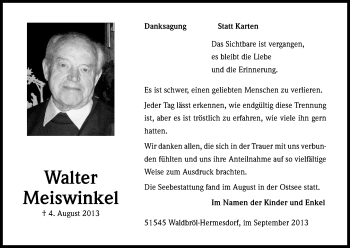 Anzeige von Walter Meiswinkel von Kölner Stadt-Anzeiger / Kölnische Rundschau / Express