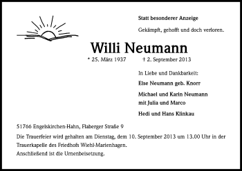 Anzeige von Willi Neumann von Kölner Stadt-Anzeiger / Kölnische Rundschau / Express
