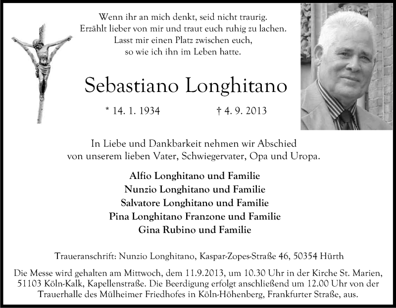  Traueranzeige für Sebastiano Longhetano vom 07.09.2013 aus Kölner Stadt-Anzeiger / Kölnische Rundschau / Express