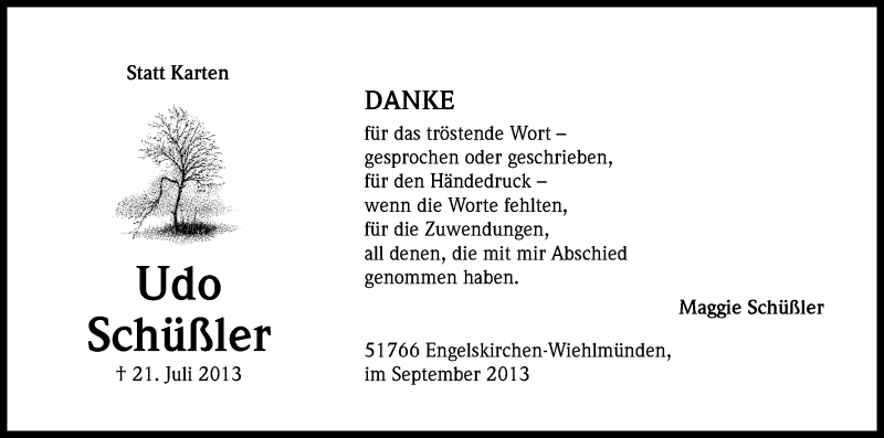  Traueranzeige für Udo Schüßler vom 07.09.2013 aus Kölner Stadt-Anzeiger / Kölnische Rundschau / Express