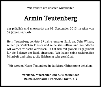 Anzeige von Armin Teutenberg von Kölner Stadt-Anzeiger / Kölnische Rundschau / Express