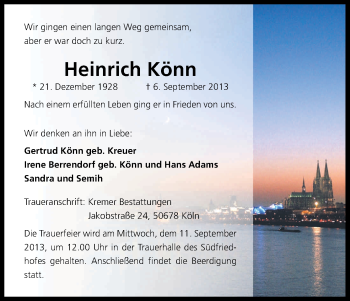 Anzeige von Heinrich Könn von Kölner Stadt-Anzeiger / Kölnische Rundschau / Express