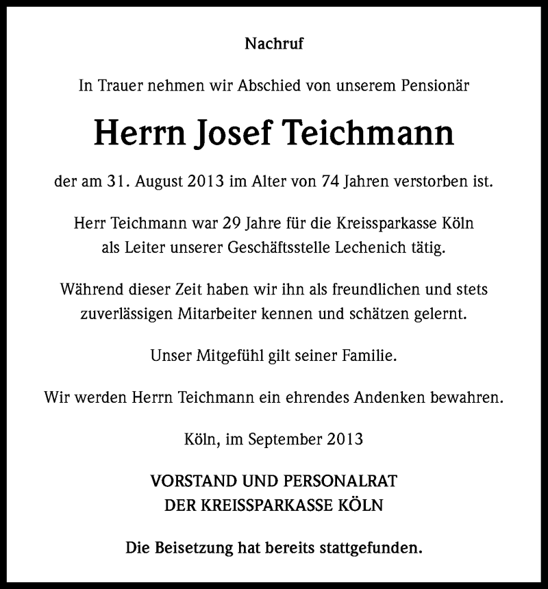  Traueranzeige für Josef Teichmann vom 09.09.2013 aus Kölner Stadt-Anzeiger / Kölnische Rundschau / Express