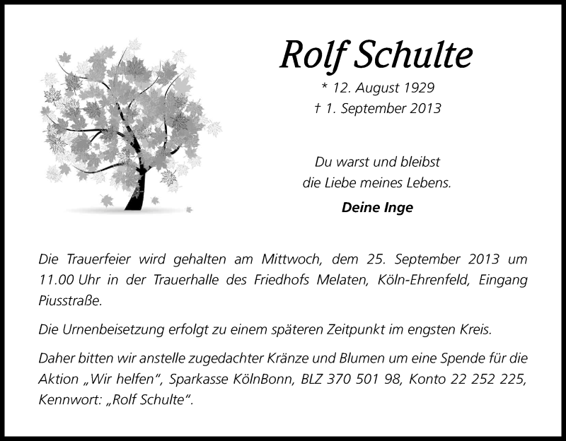  Traueranzeige für Rolf Schulte vom 21.09.2013 aus Kölner Stadt-Anzeiger / Kölnische Rundschau / Express