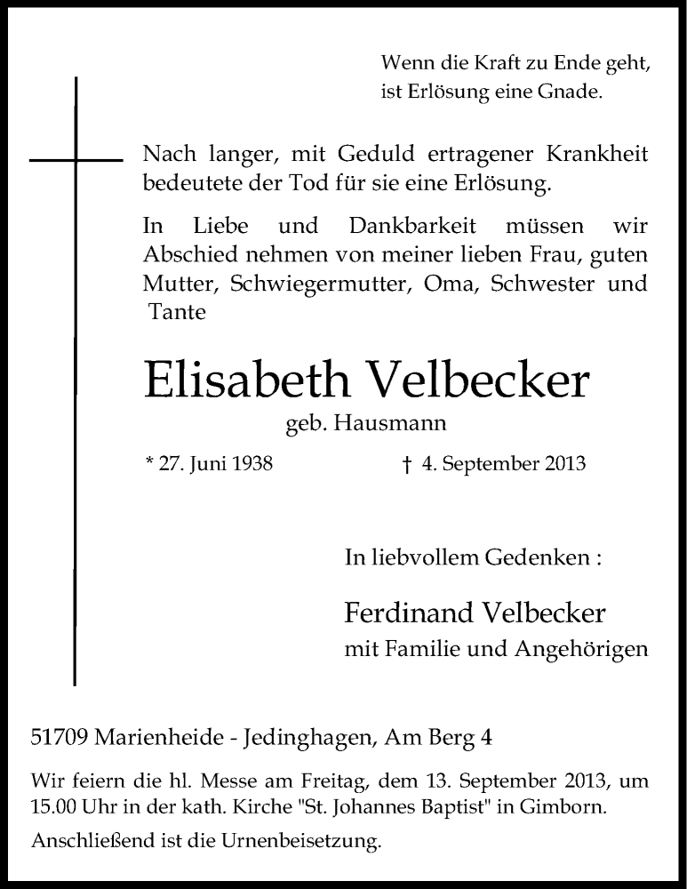  Traueranzeige für Elisabeth Velbecker vom 09.09.2013 aus Kölner Stadt-Anzeiger / Kölnische Rundschau / Express