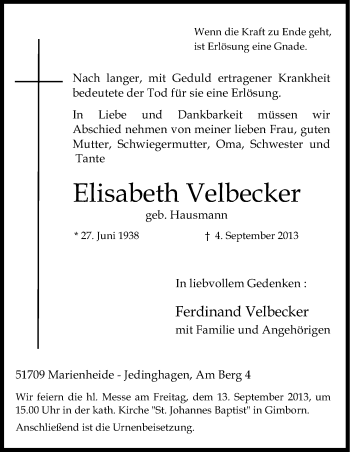 Anzeige von Elisabeth Velbecker von Kölner Stadt-Anzeiger / Kölnische Rundschau / Express