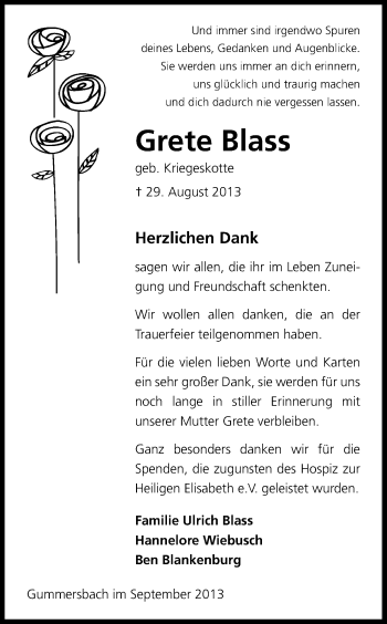 Anzeige von Grete Blass von Kölner Stadt-Anzeiger / Kölnische Rundschau / Express