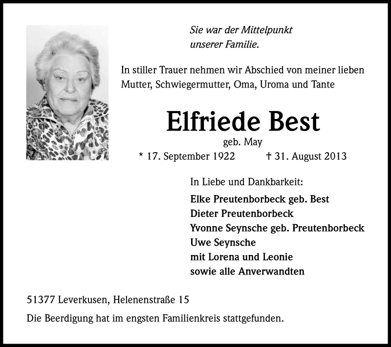  Traueranzeige für Elfriede Best vom 11.09.2013 aus Kölner Stadt-Anzeiger / Kölnische Rundschau / Express