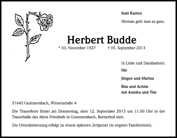 Anzeige von Herbert Budde von Kölner Stadt-Anzeiger / Kölnische Rundschau / Express