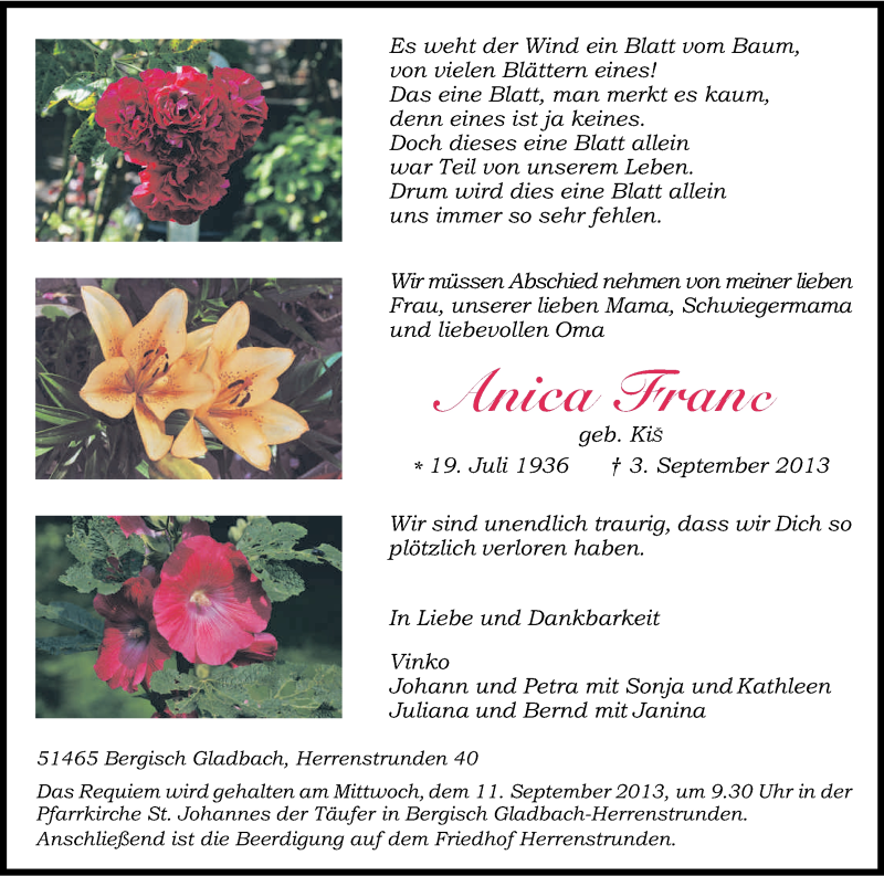  Traueranzeige für Anica Franc vom 09.09.2013 aus Kölner Stadt-Anzeiger / Kölnische Rundschau / Express