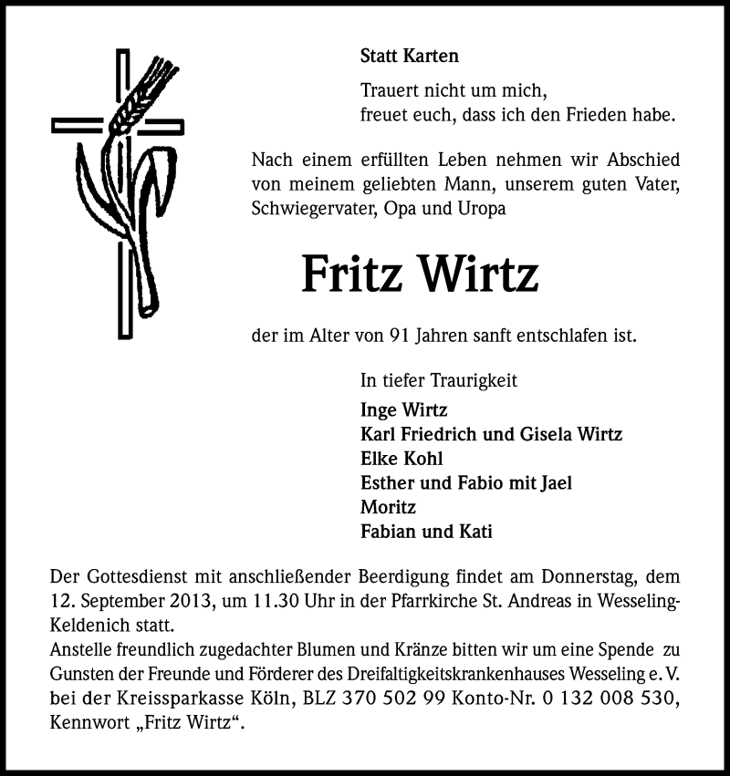  Traueranzeige für Fritz Wirtz vom 10.09.2013 aus Kölner Stadt-Anzeiger / Kölnische Rundschau / Express